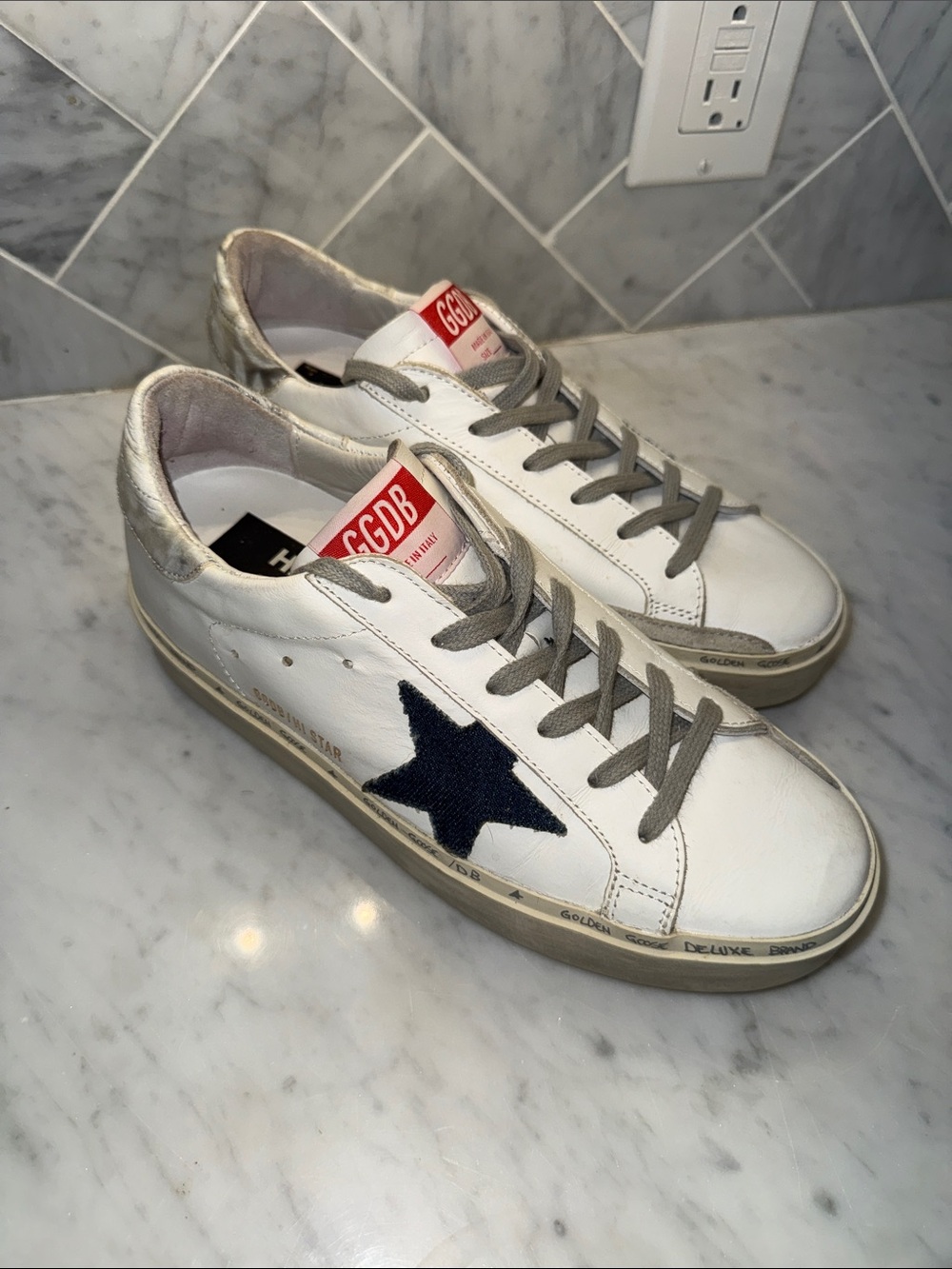 Golden Goose White Leather Sneakers with dark denim Star and Gray Accents - Picture 4 of 5